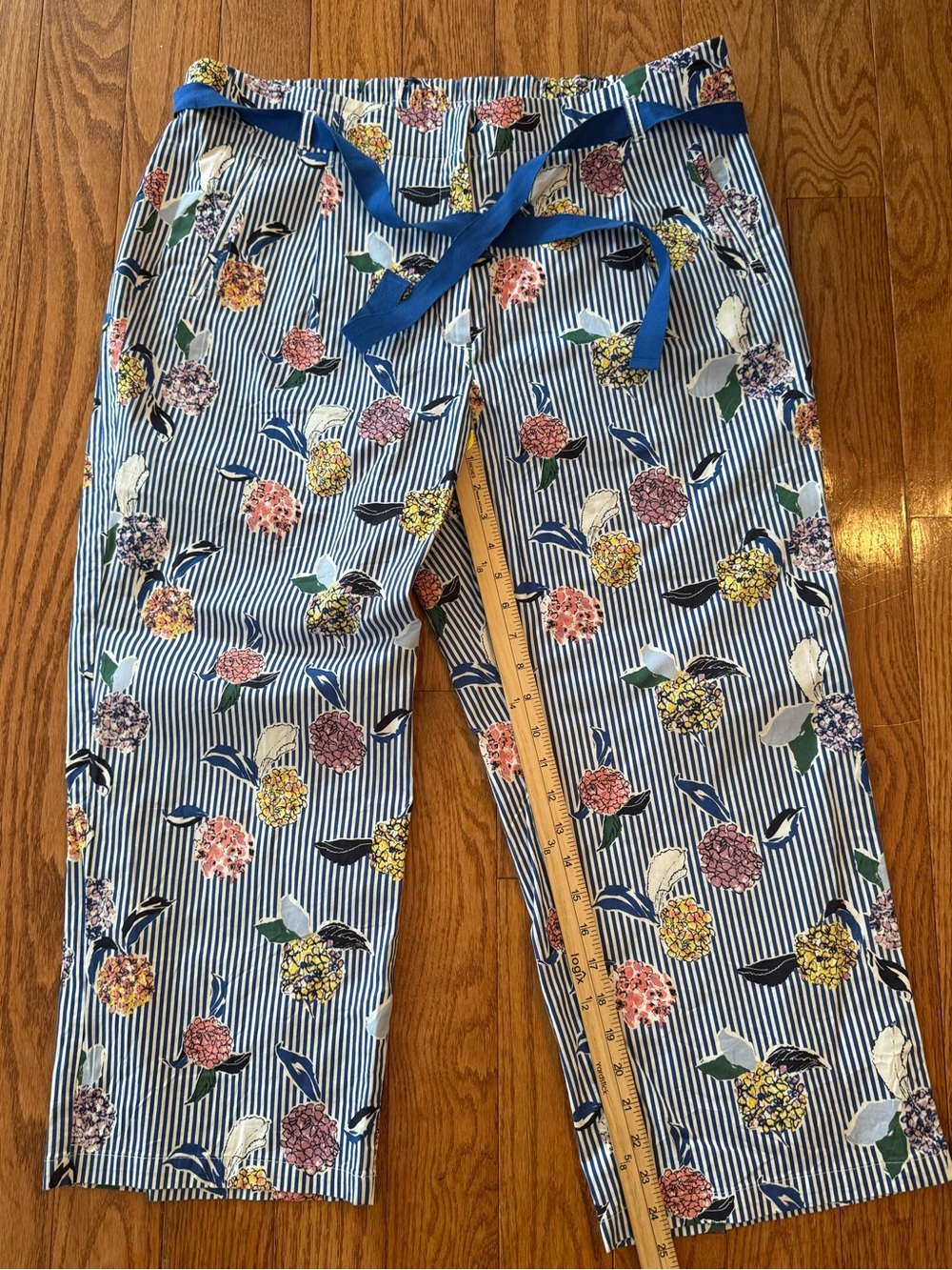 Gerry Weber Blue Striped Floral Cropped Wide Leg Cotton Pants Size 16 Resort